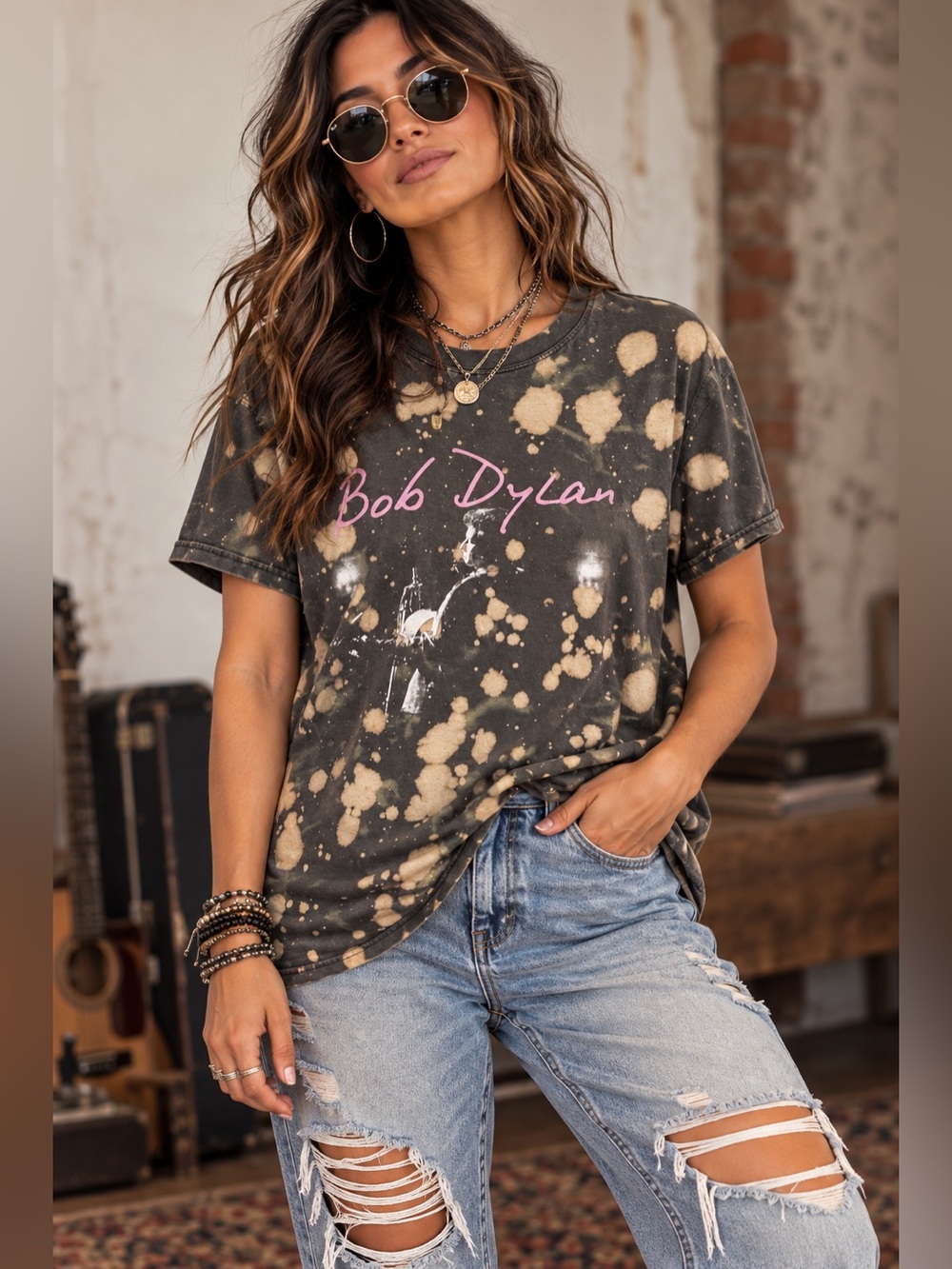 Upcycled Bob Dylan Nasty Gal Tee – Size Medium | OOAK Bleach Splatter
